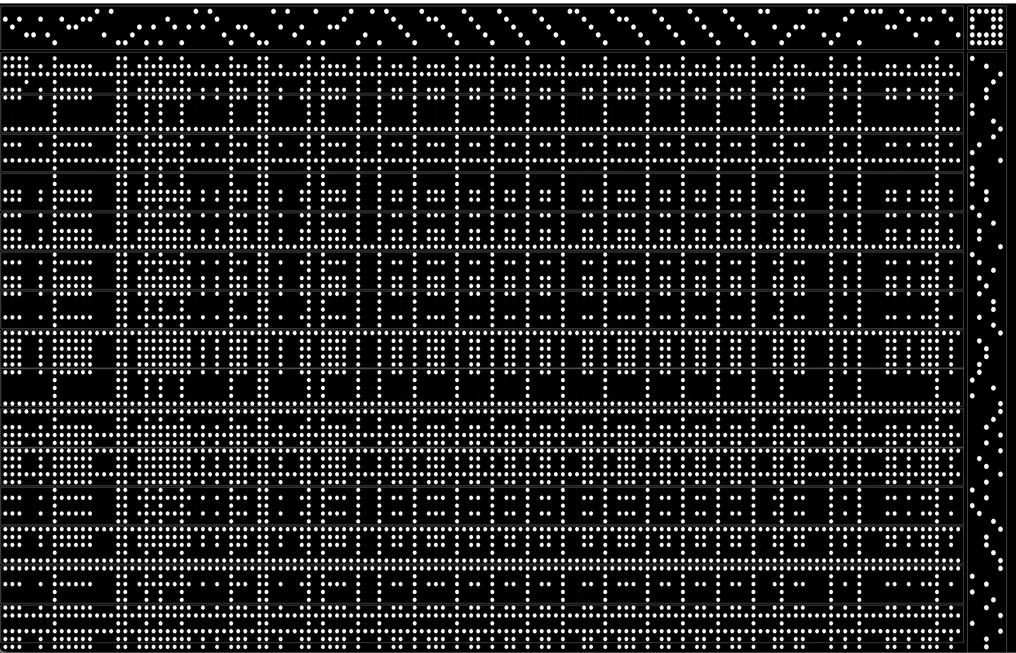 Detail of the generated weaving draft: a dense grid of white dots on black, arranged into threading and treadling sequences