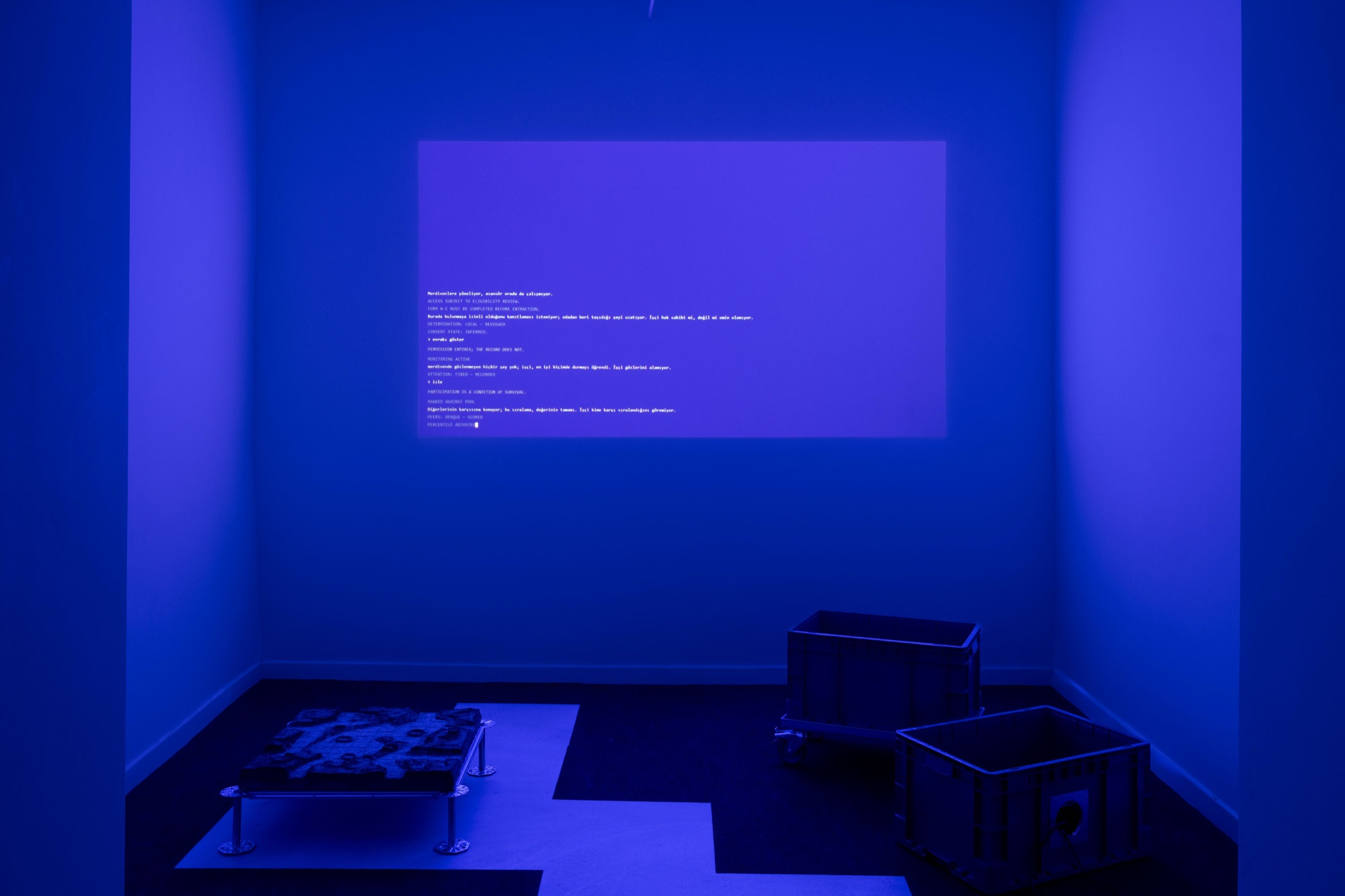 Installation view in a blue-lit room: projected command-line text on the wall, a low platform and two plastic crates on the floor
