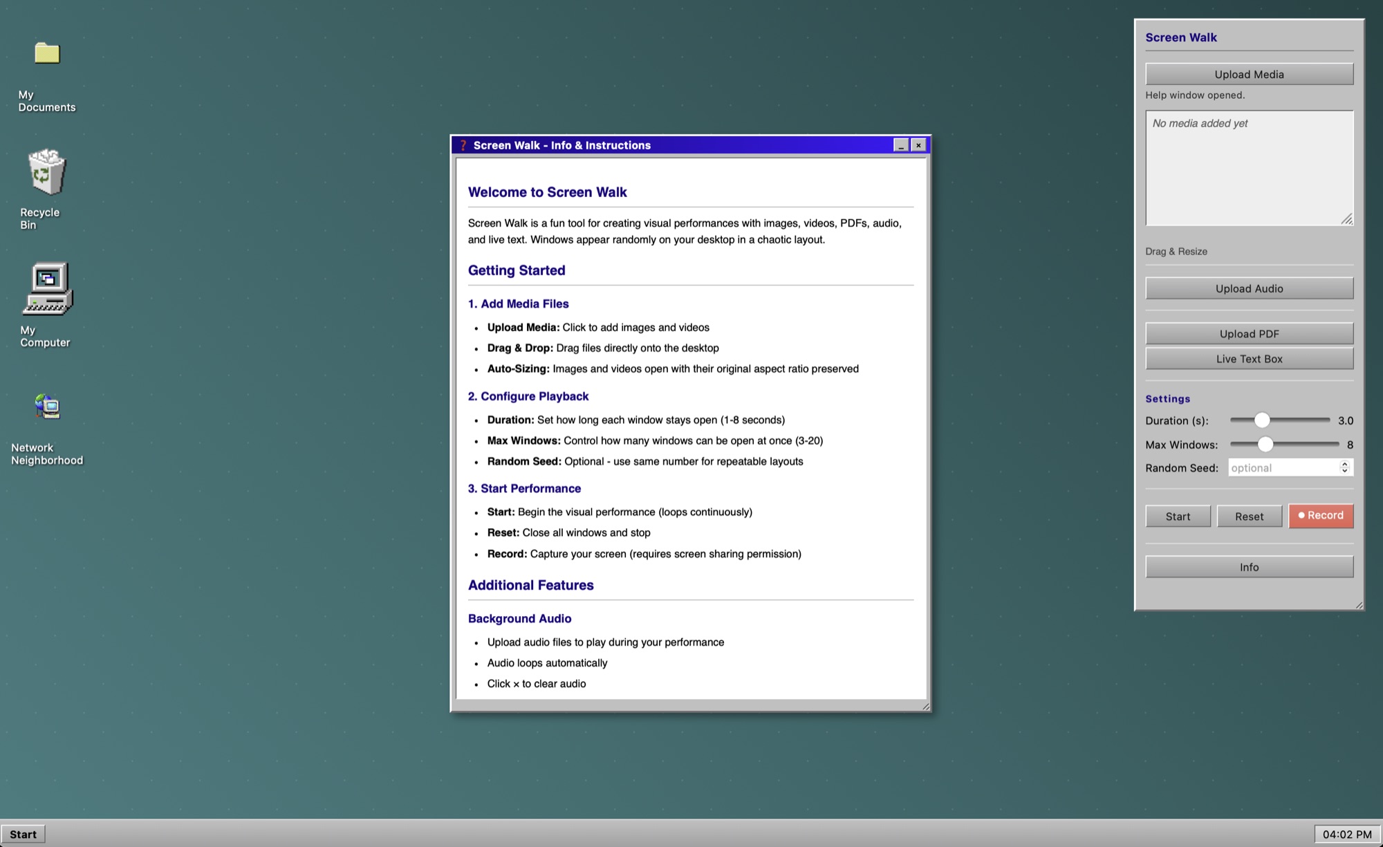 Screenshot of Screen Walk: a retro desktop with an info window explaining how to use the tool and a control panel for uploading media, adjusting settings and starting a performance