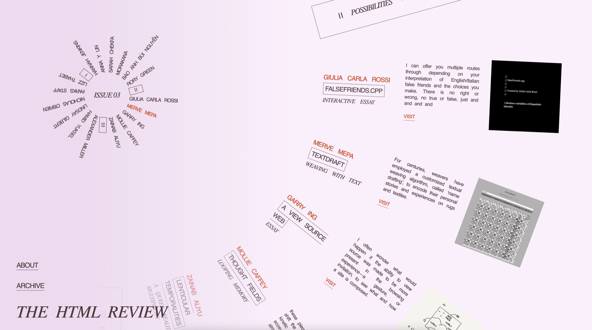 Screenshot of THE HTML REVIEW issue 03 index page, listing contributions including Merve Mepa’s TEXTDRAFT – Weaving with Text